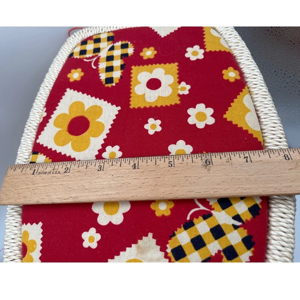 Vtg 70s Wicker Sewing Basket Retro Red Yellow Floral Mid Century Flower Power